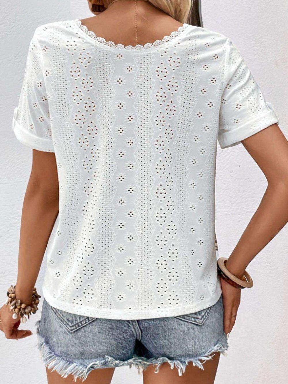 Eyelet Short Sleeve Double-Sided Shirt - Trendsi - Flyclothing LLC
