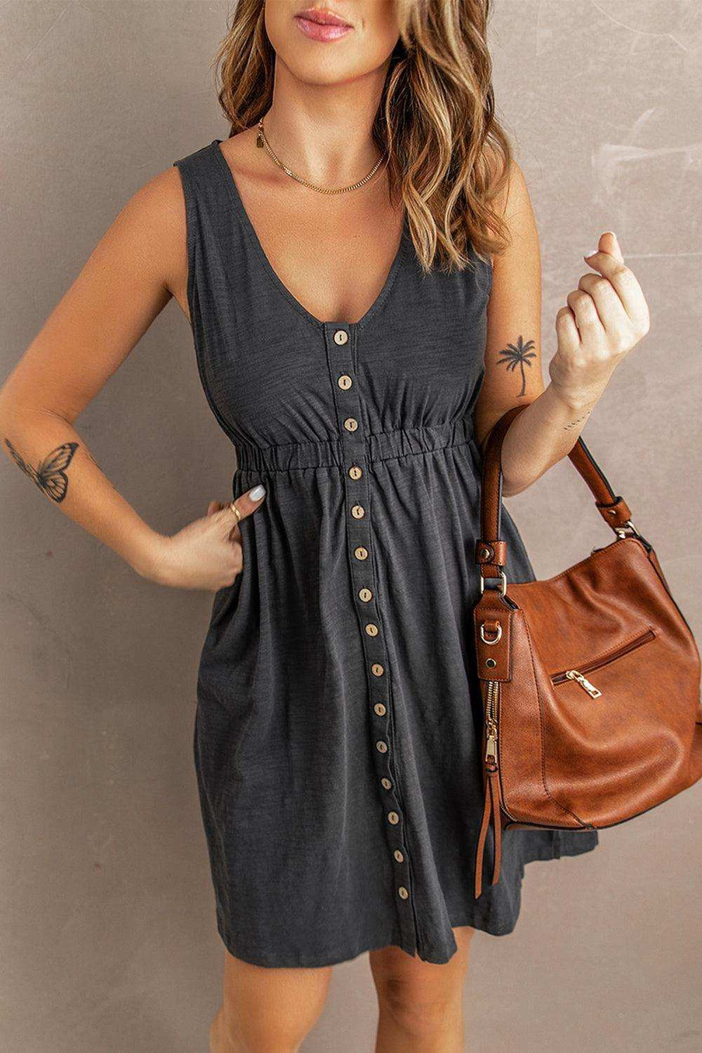 Sleeveless Button Down Mini Dress - Trendsi - Flyclothing LLC