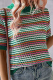Openwork Striped Short Sleeve Knit Top - Trendsi - Flyclothing LLC
