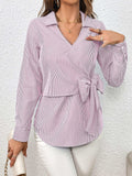 Bow Tie Waist Johnny Collar Neck Striped Blouse - Trendsi - Flyclothing LLC