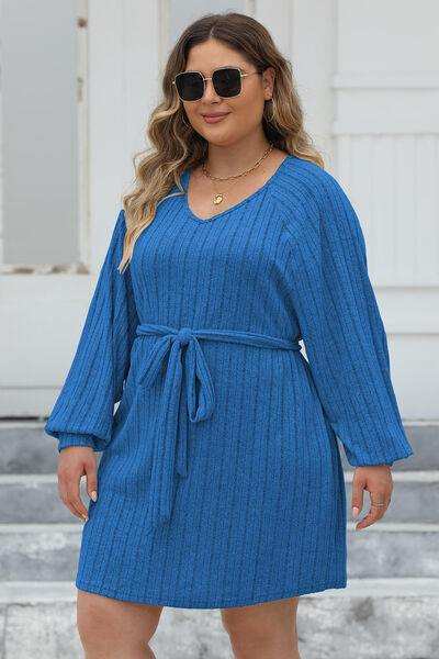 Plus Size Ribbed Tie Front Long Sleeve Sweater Dress - Trendsi - Flyclothing LLC