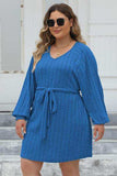 Plus Size Ribbed Tie Front Long Sleeve Sweater Dress - Trendsi - Flyclothing LLC
