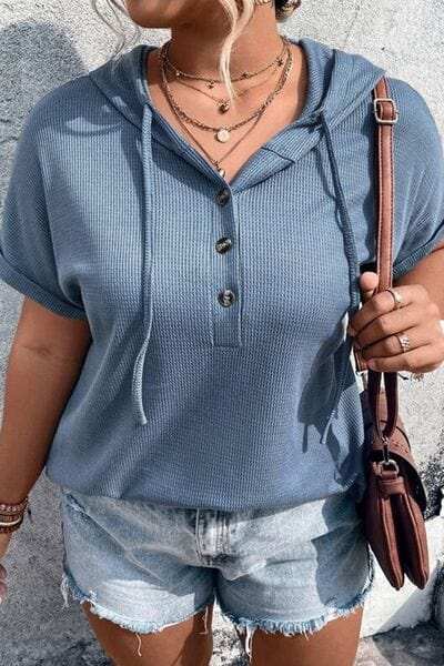 Plus Size Waffle-Knit Half Button Short Sleeve Hoodie - Trendsi - Flyclothing LLC