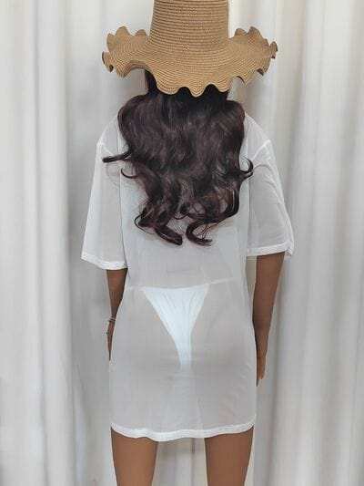 Mesh Boat Neck Half Sleeve Cover Up - Trendsi - Flyclothing LLC