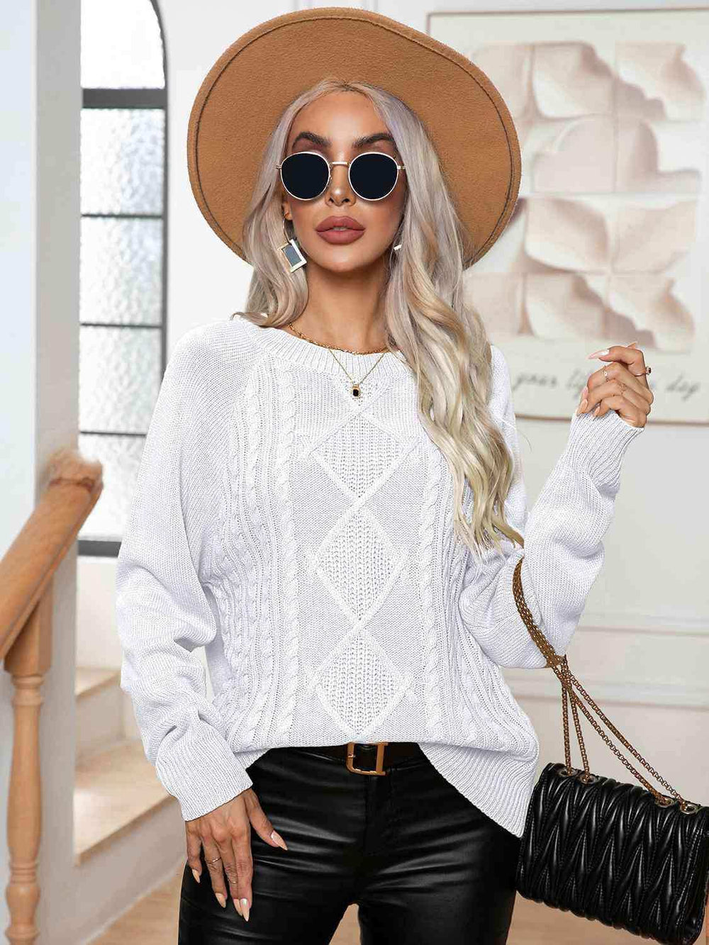 Cable-Knit Long Sleeve Sweater - Trendsi - Flyclothing LLC