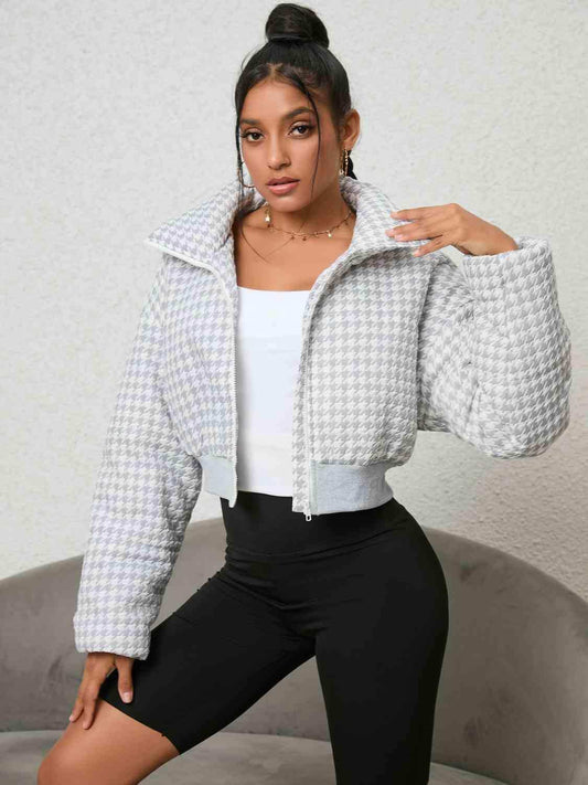 Houndstooth Zip-Up Jacket - Trendsi - Flyclothing LLC