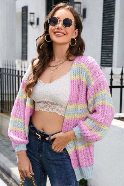 Striped Lantern Sleeve Dropped Shoulder Cardigan - Trendsi - Flyclothing LLC