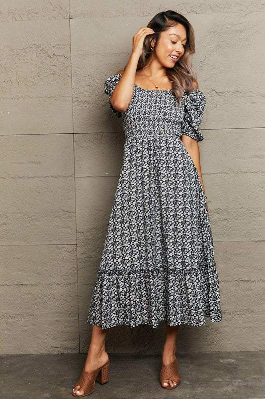 Floral Lace-Up Off-Shoulder Midi Dress - Trendsi - Flyclothing LLC