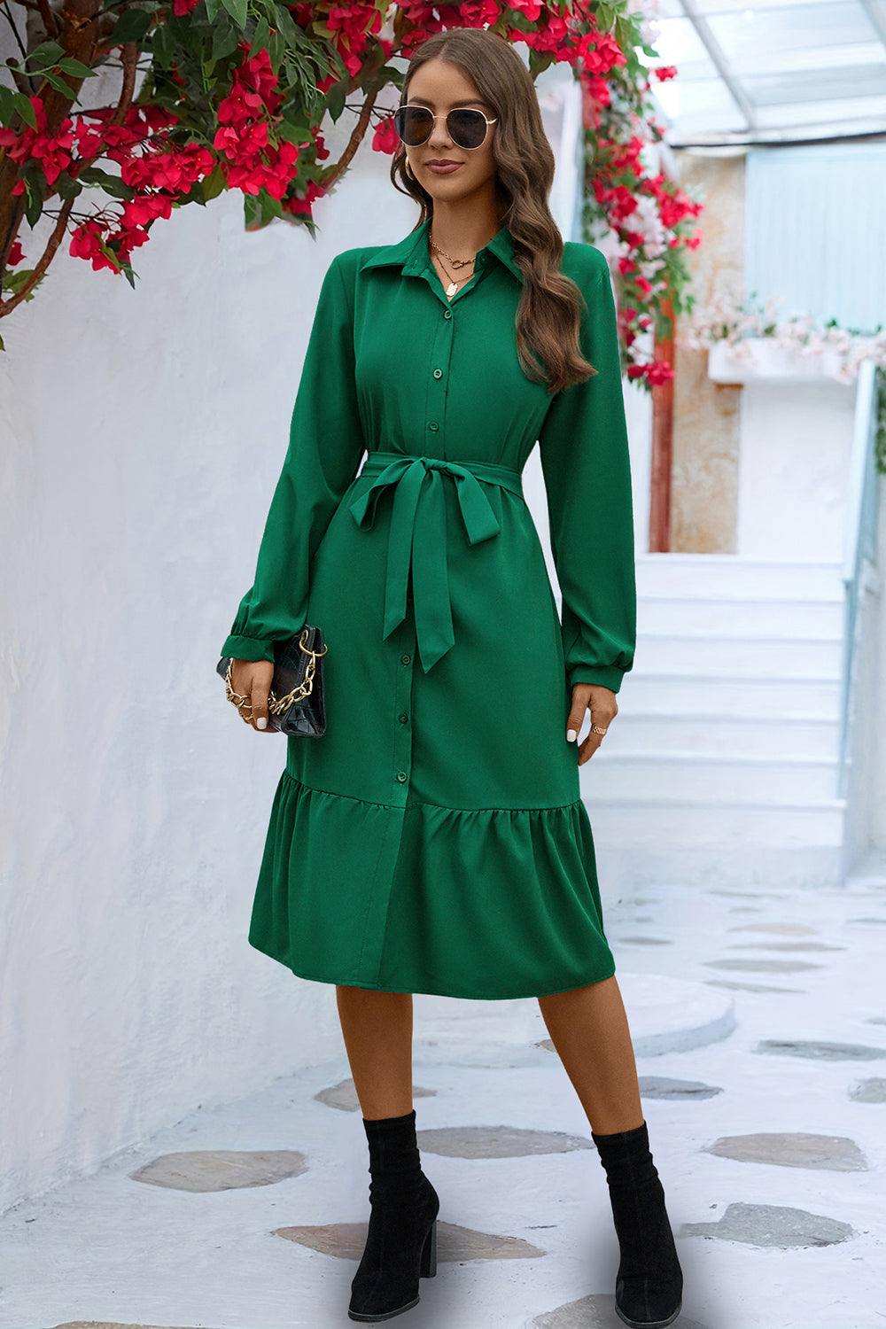 Long Sleeve Tie Waist Shirt Dress - Trendsi - Flyclothing LLC