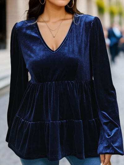 V-Neck Balloon Sleeve Peplum Blouse - Trendsi - Flyclothing LLC