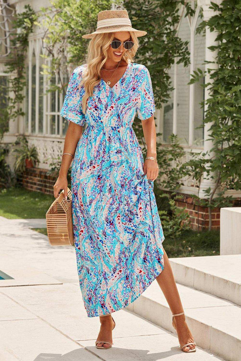 Multicolored V-Neck Maxi Dress - Trendsi - Flyclothing LLC