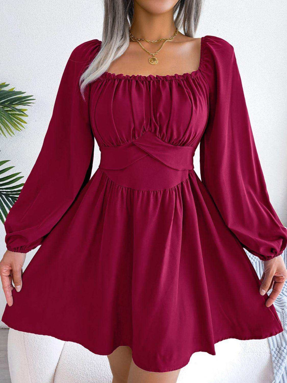 Tied Square Neck Balloon Sleeve Dress - Trendsi - Flyclothing LLC