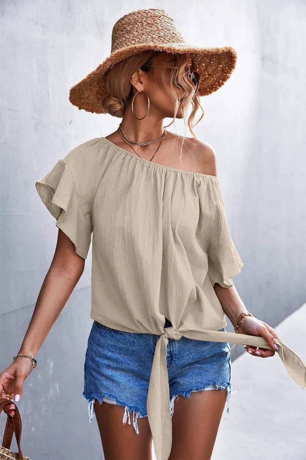 Flutter Sleeve Tie-Front Blouse - Trendsi - Flyclothing LLC