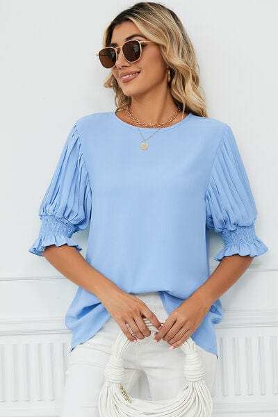 Frill Round Neck Lantern Sleeve T-Shirt - Trendsi - Flyclothing LLC
