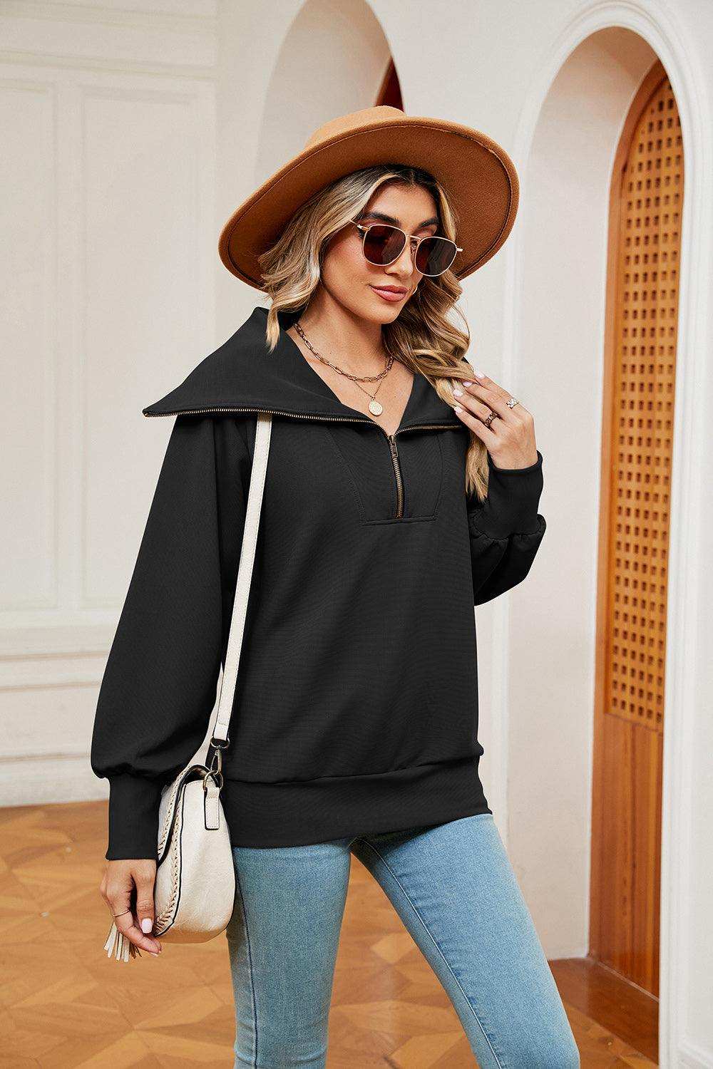 Half-Zip Collared Sweatshirt - Trendsi - Flyclothing LLC