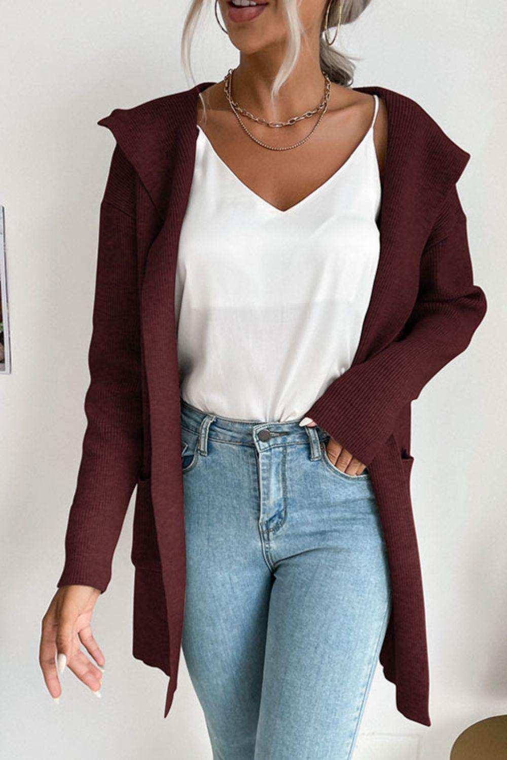 Ribbed Open Front Hooded Cardigan with Pockets - Trendsi - Flyclothing LLC