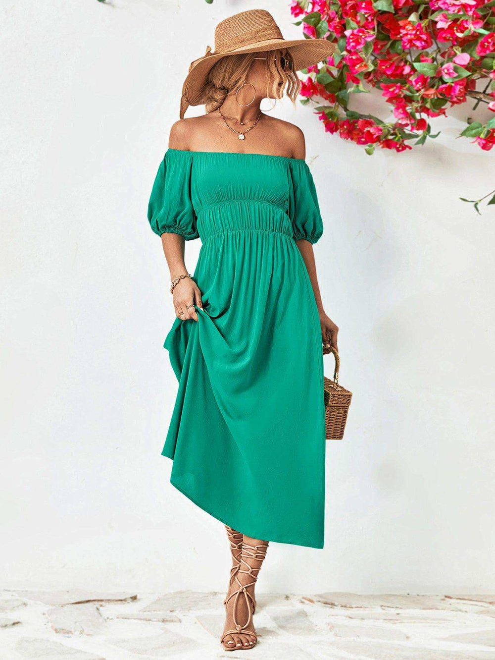 Off-Shoulder Balloon Sleeve Midi Dress - Trendsi - Flyclothing LLC