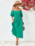 Off-Shoulder Balloon Sleeve Midi Dress - Trendsi - Flyclothing LLC