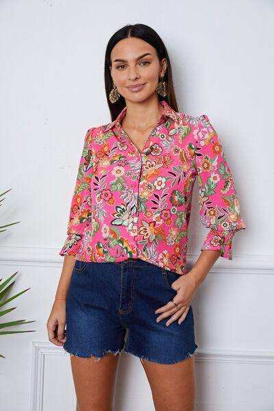 Floral Button Up Flounce Sleeve Shirt - Trendsi - Flyclothing LLC