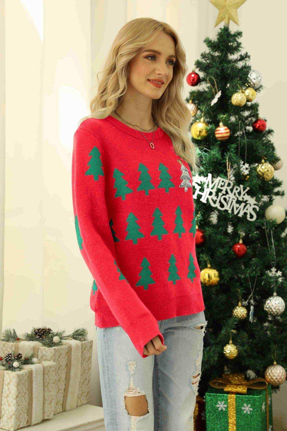 Christmas Tree Round Neck Ribbed Trim Sweater - Trendsi - Flyclothing LLC