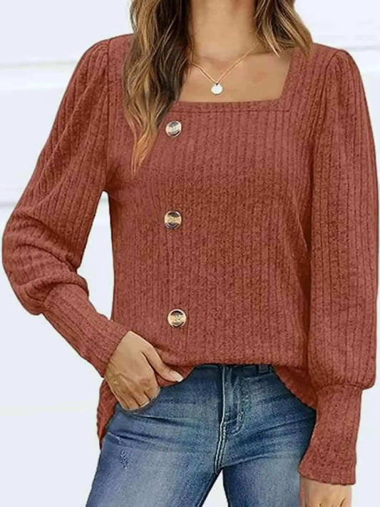 Decorative Button Square Neck Top - Trendsi - Flyclothing LLC