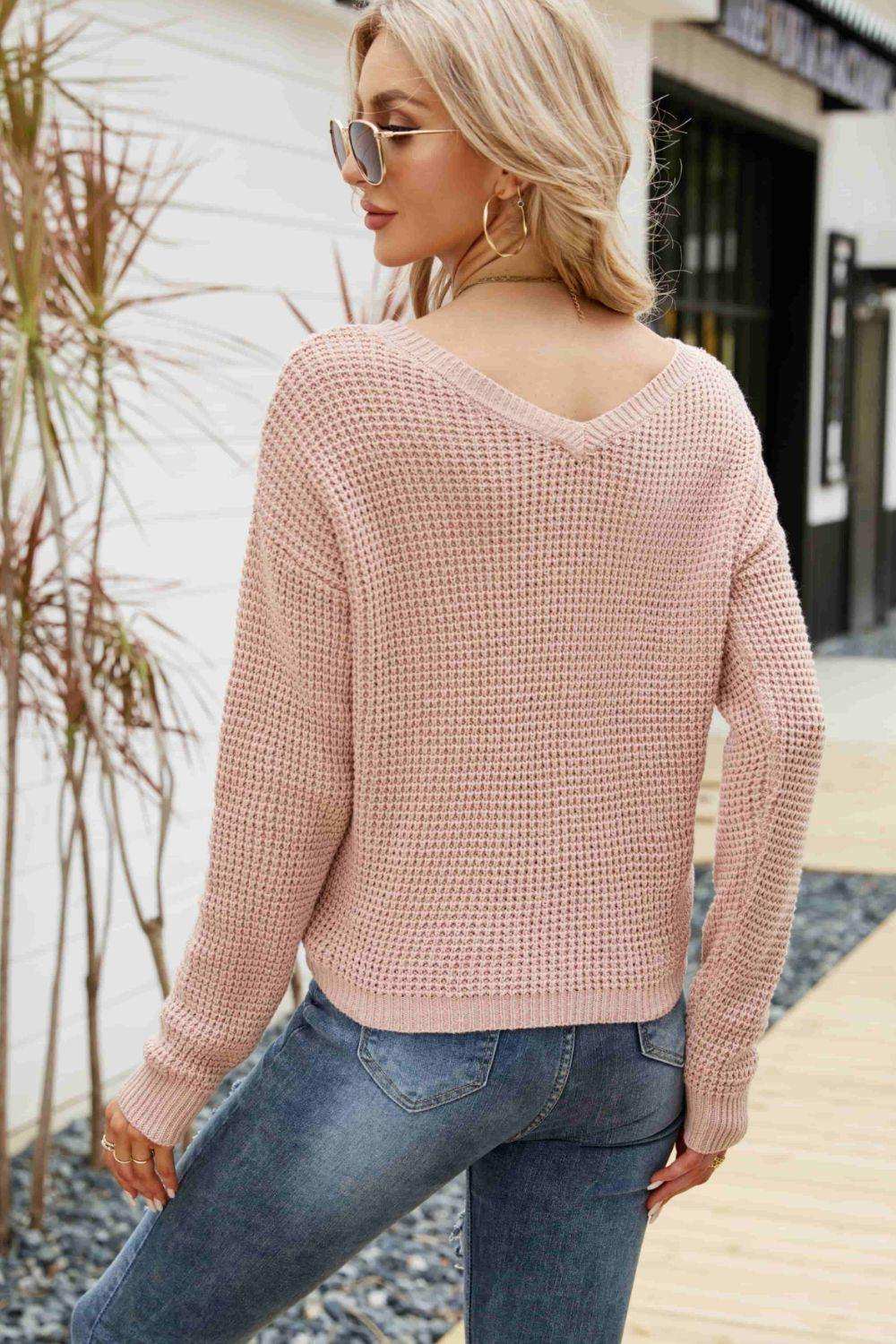 Waffle-Knit Drawstring Detail V-Neck Sweater - Trendsi - Flyclothing LLC