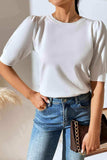 Round Neck Puff Sleeve Knit Top - Trendsi - Flyclothing LLC