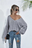 V-Neck Long Sleeve Dropped Shoulder Knit Top - Trendsi - Flyclothing LLC
