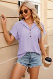 Eyelet Drawstring Hooded Short Sleeve Blouse - Trendsi - Flyclothing LLC