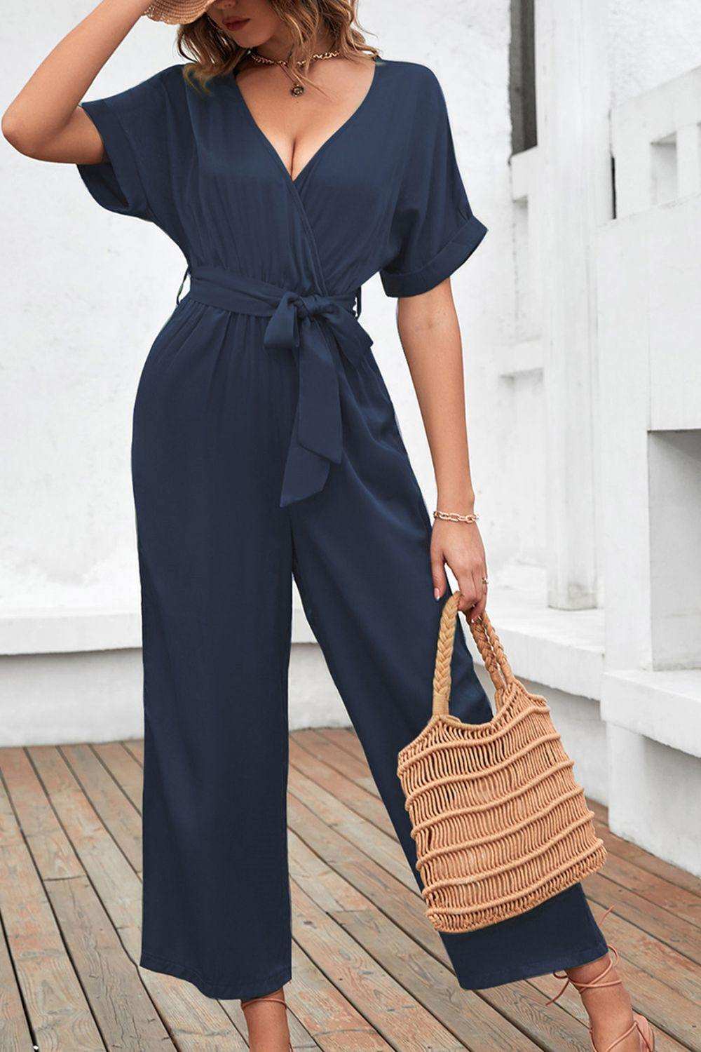 Tie Waist Surplice Wide Leg Jumpsuit - Trendsi - Flyclothing LLC