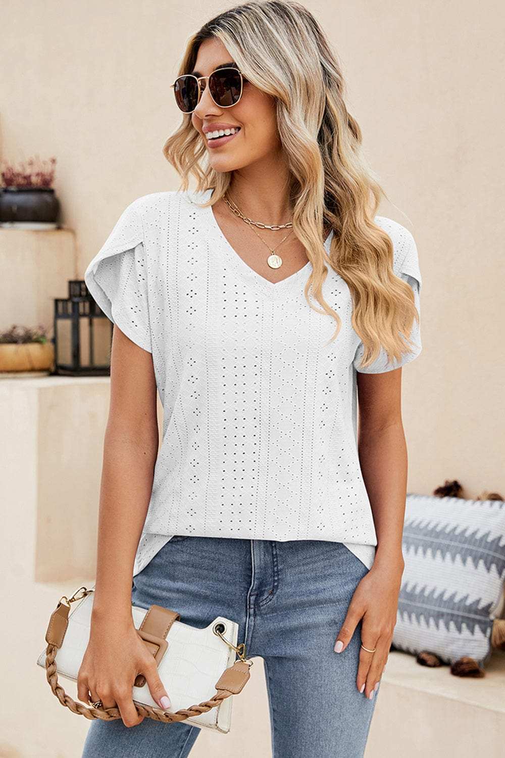 Eyelet V-Neck Petal Sleeve T-Shirt - Trendsi - Flyclothing LLC