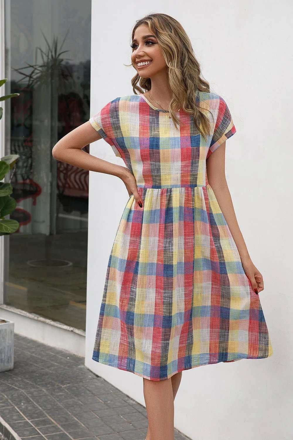 Plaid Round Neck Cap Sleeve Dress - Trendsi - Flyclothing LLC