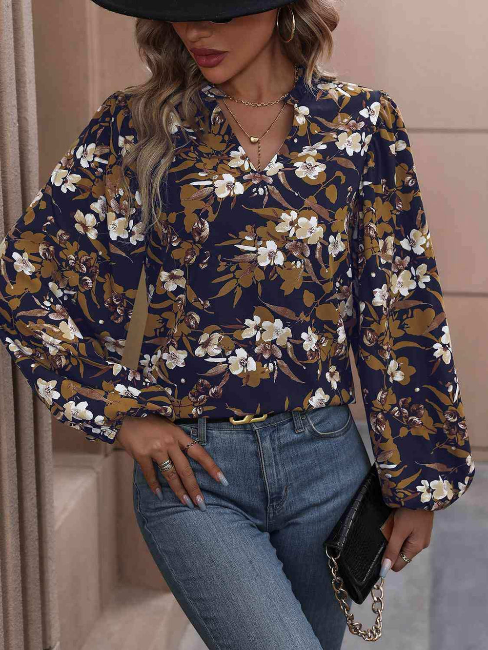 Floral Notched Balloon Sleeve Blouse - Trendsi - Flyclothing LLC