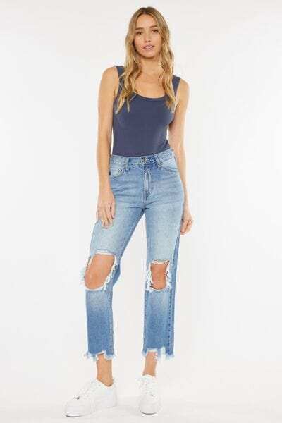Kancan High Waist Chewed Up Straight Mom Jeans - Trendsi - Flyclothing LLC