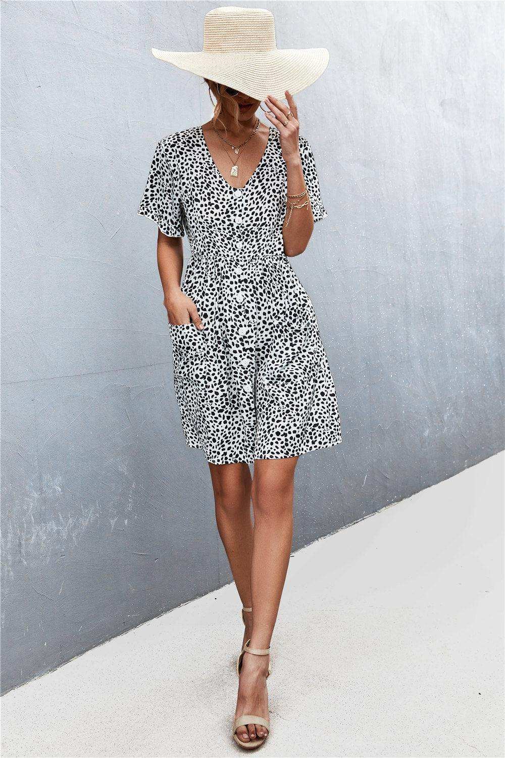 Printed Button down Pocketed Dress - Trendsi - Flyclothing LLC