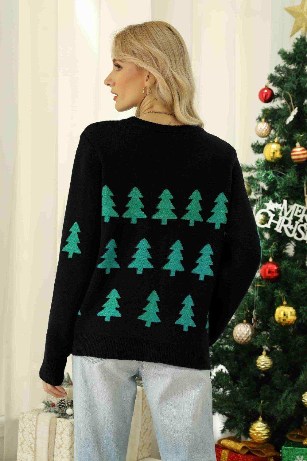 Christmas Tree Round Neck Ribbed Trim Sweater - Trendsi - Flyclothing LLC