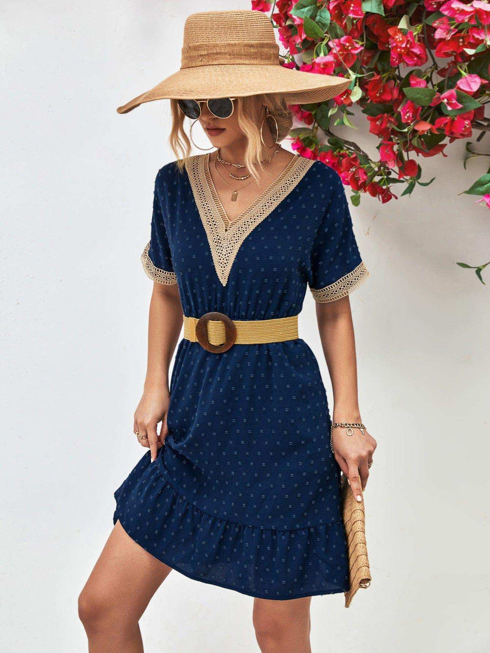 Contrast V-Neck Short Sleeve Mini Dress - Trendsi - Flyclothing LLC