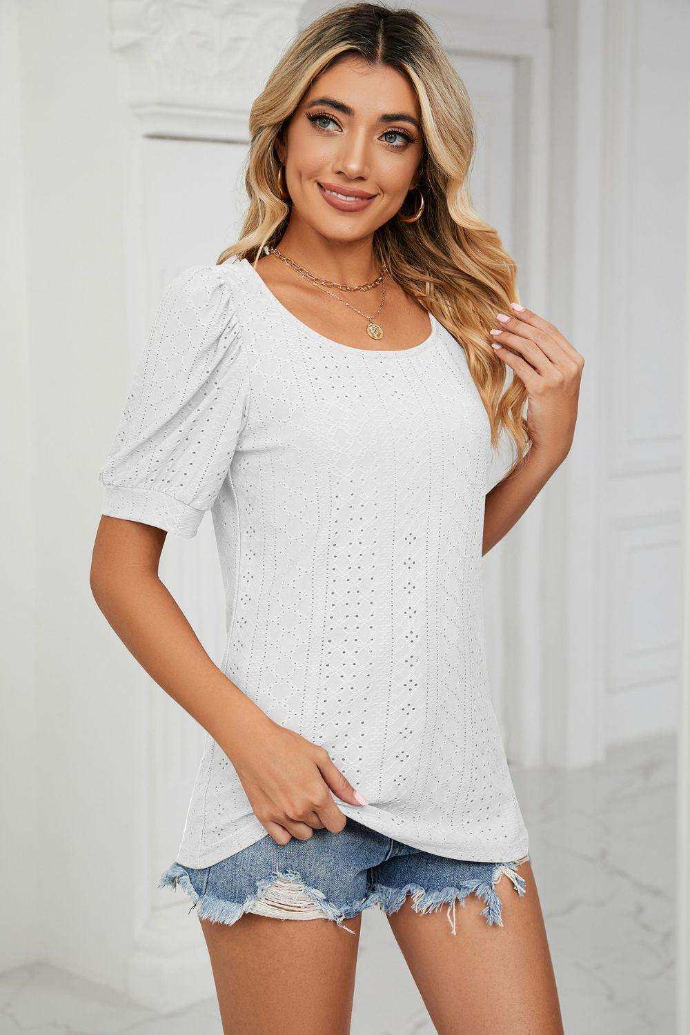 Eyelet Puff Sleeve Round Neck Top - Trendsi - Flyclothing LLC