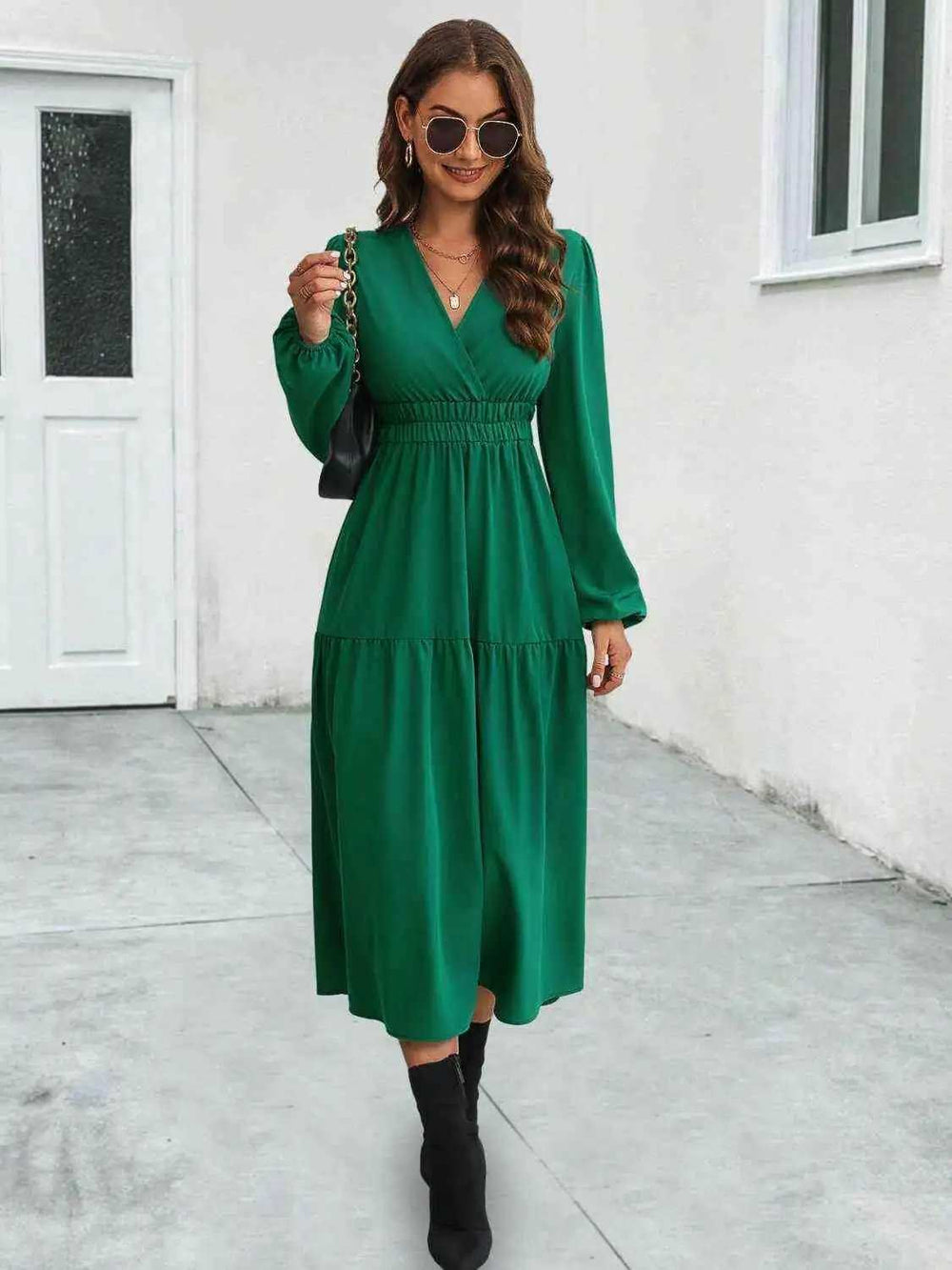 Surplice Neck Long Sleeve Midi Dress - Trendsi - Flyclothing LLC