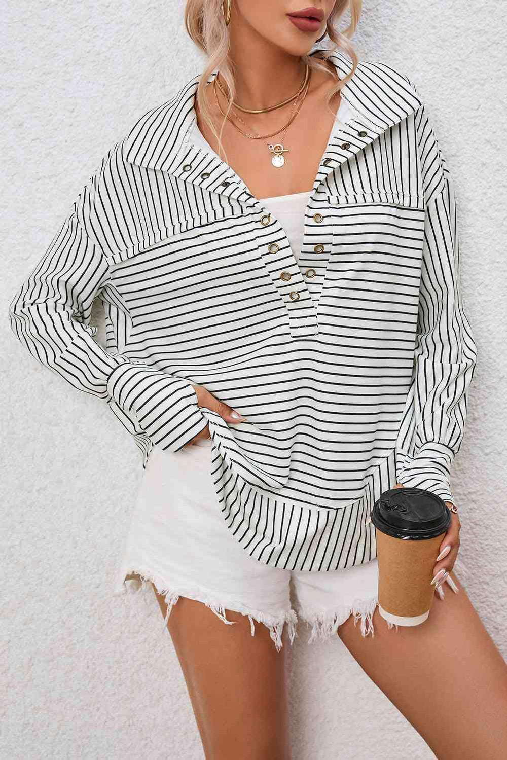 Full Size Striped Collared Top - Trendsi - Flyclothing LLC