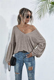 V-Neck Long Sleeve Dropped Shoulder Knit Top - Trendsi - Flyclothing LLC