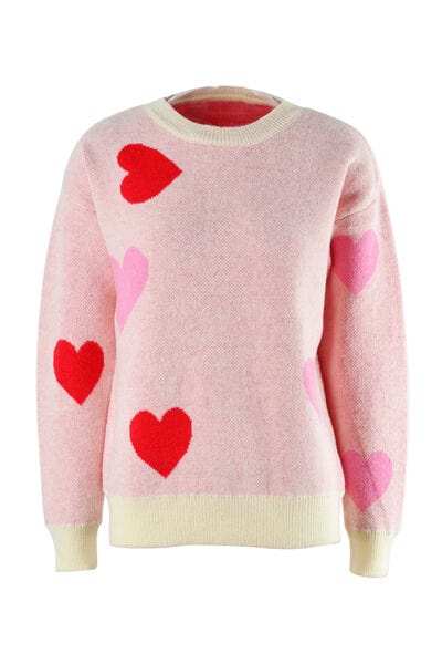 Heart Round Neck Droppped Shoulder Sweater - Trendsi - Flyclothing LLC