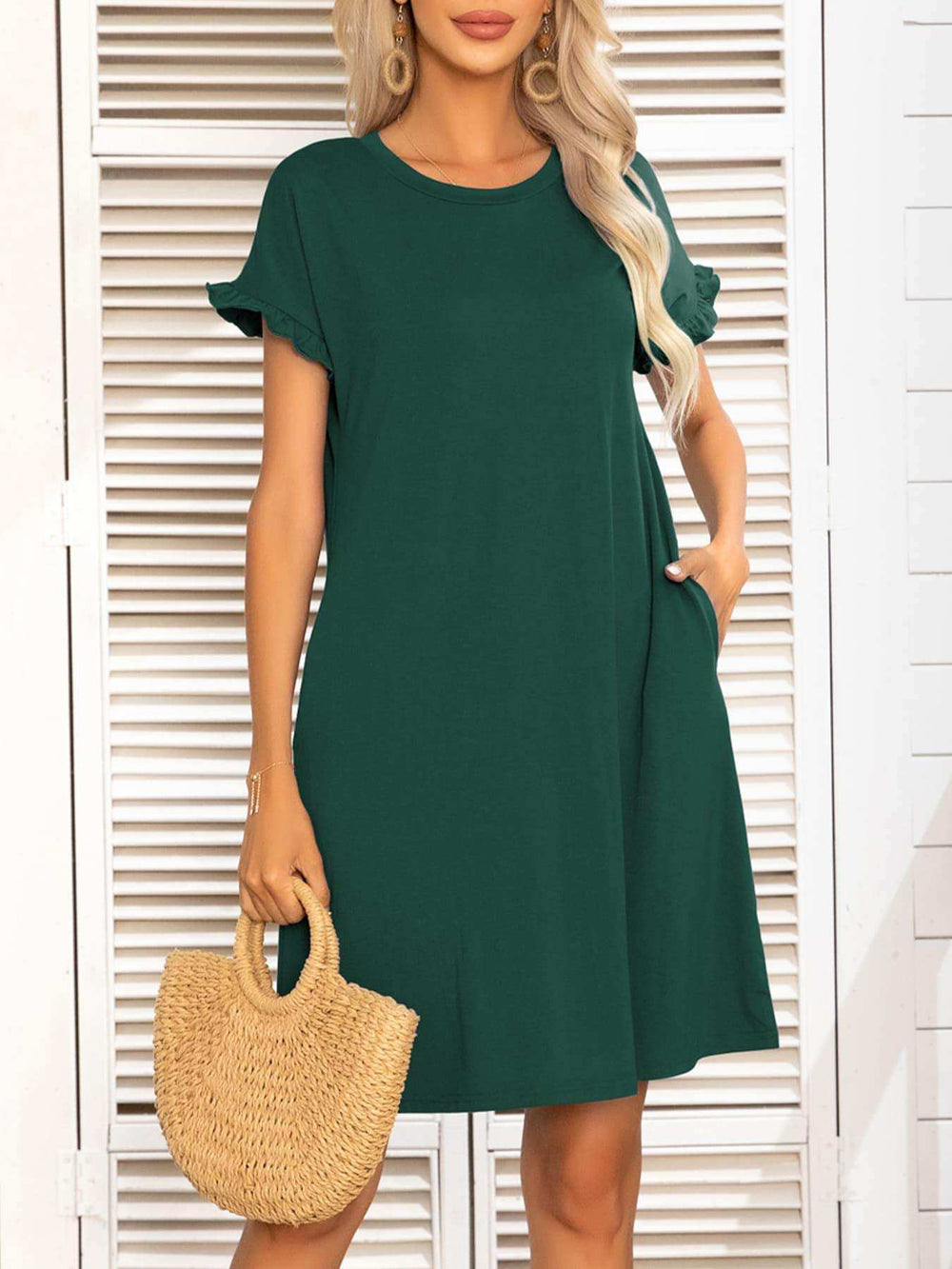 Round Neck Flounce Sleeve Dress with Pockets - Trendsi - Flyclothing LLC