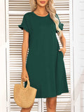 Round Neck Flounce Sleeve Dress with Pockets - Trendsi - Flyclothing LLC
