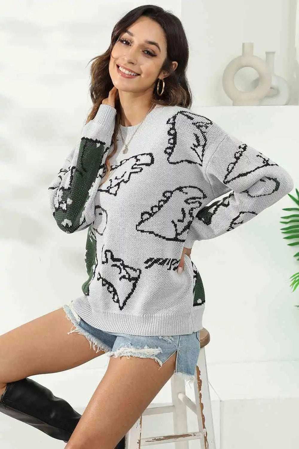 Dinosaur Print Pullover Sweater - Trendsi - Flyclothing LLC