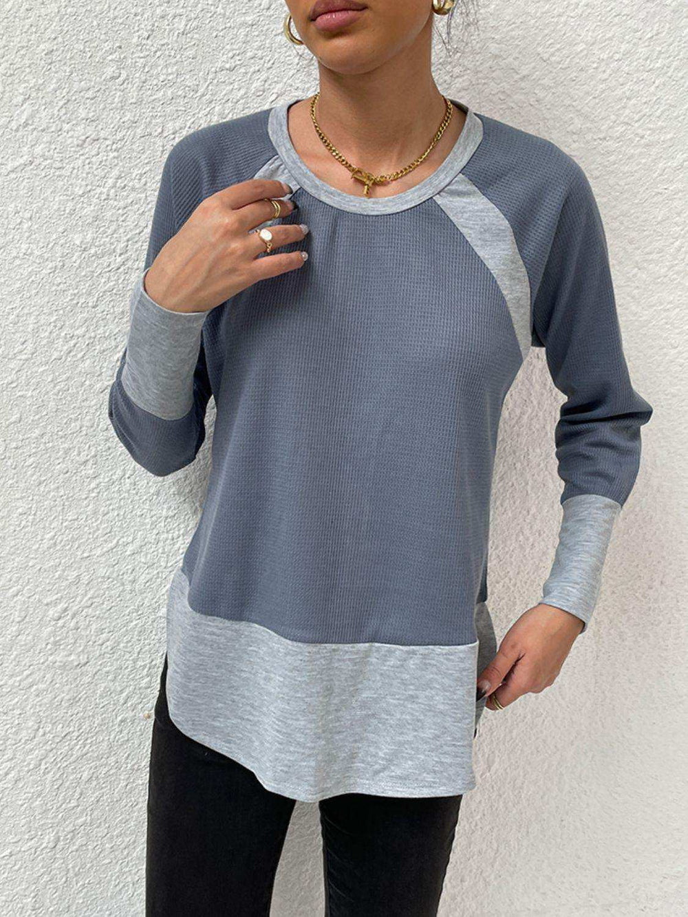Waffle-knit Round Neck Raglan Sleeve Tee - Trendsi - Flyclothing LLC