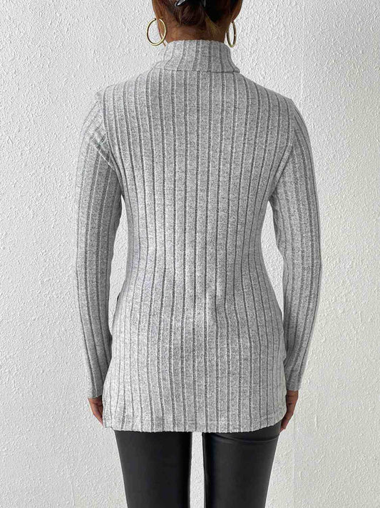 Ribbed Turtleneck Long Sleeve Slit T-Shirt - Trendsi - Flyclothing LLC