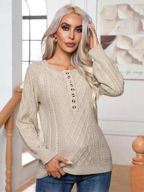 Cable-Knit Round Neck Buttoned Sweater - Trendsi - Flyclothing LLC