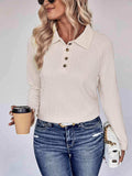 Collared Neck Buttoned Long Sleeve Top - Trendsi - Flyclothing LLC