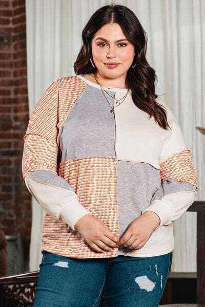 Plus Size Exposed Seam Color Block Round Neck Sweatshirt - Trendsi - Flyclothing LLC